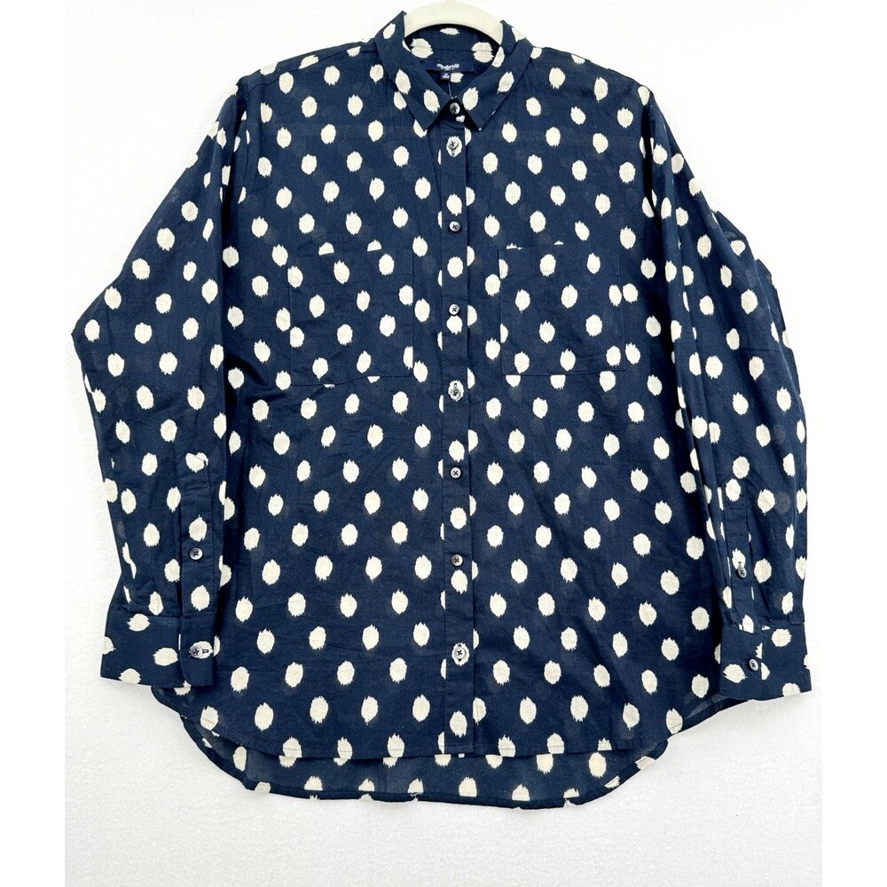 Madewell Navy Blue Polka Dot Cotton Button Front Shirt Coastal Preppy Size M NWT